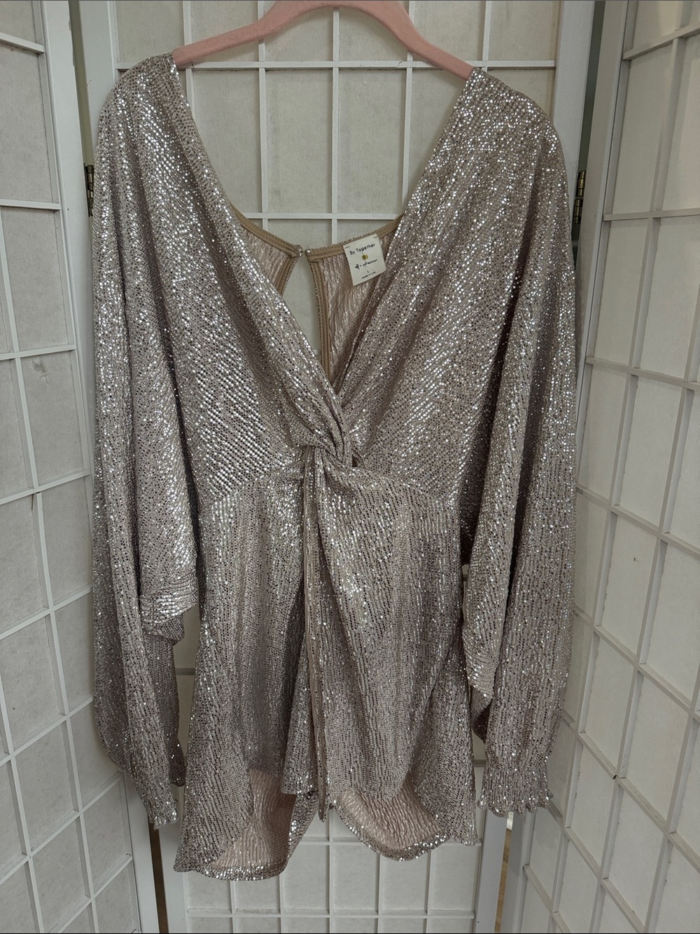 Sequin Twist-Front V-Neck Women’s Top in Champagne